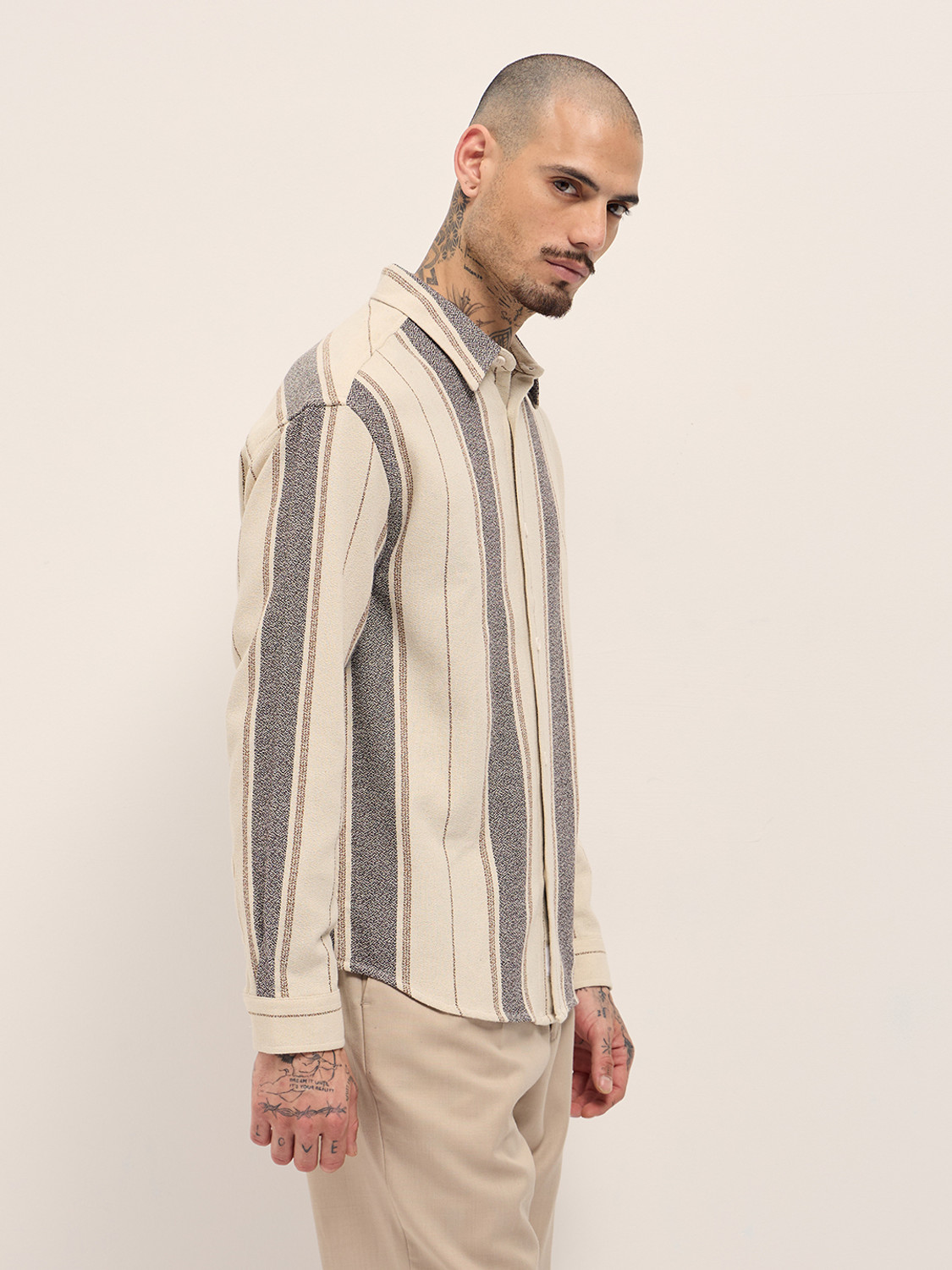 Image of THE BEAR HOUSE Men Striped Casual Cream Shirt