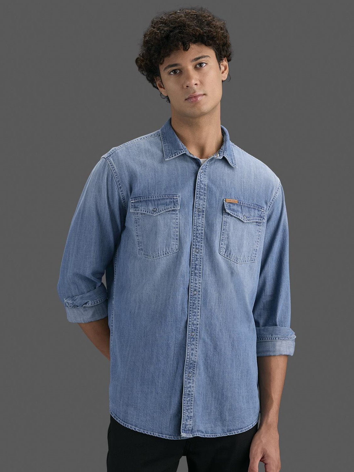 Image of Pepe Jeans Men Solid Casual Blue Shirt