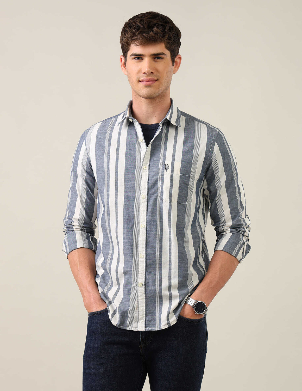 Image of U.S. Polo Assn. Denim Co. Men Striped Casual Blue Shirt