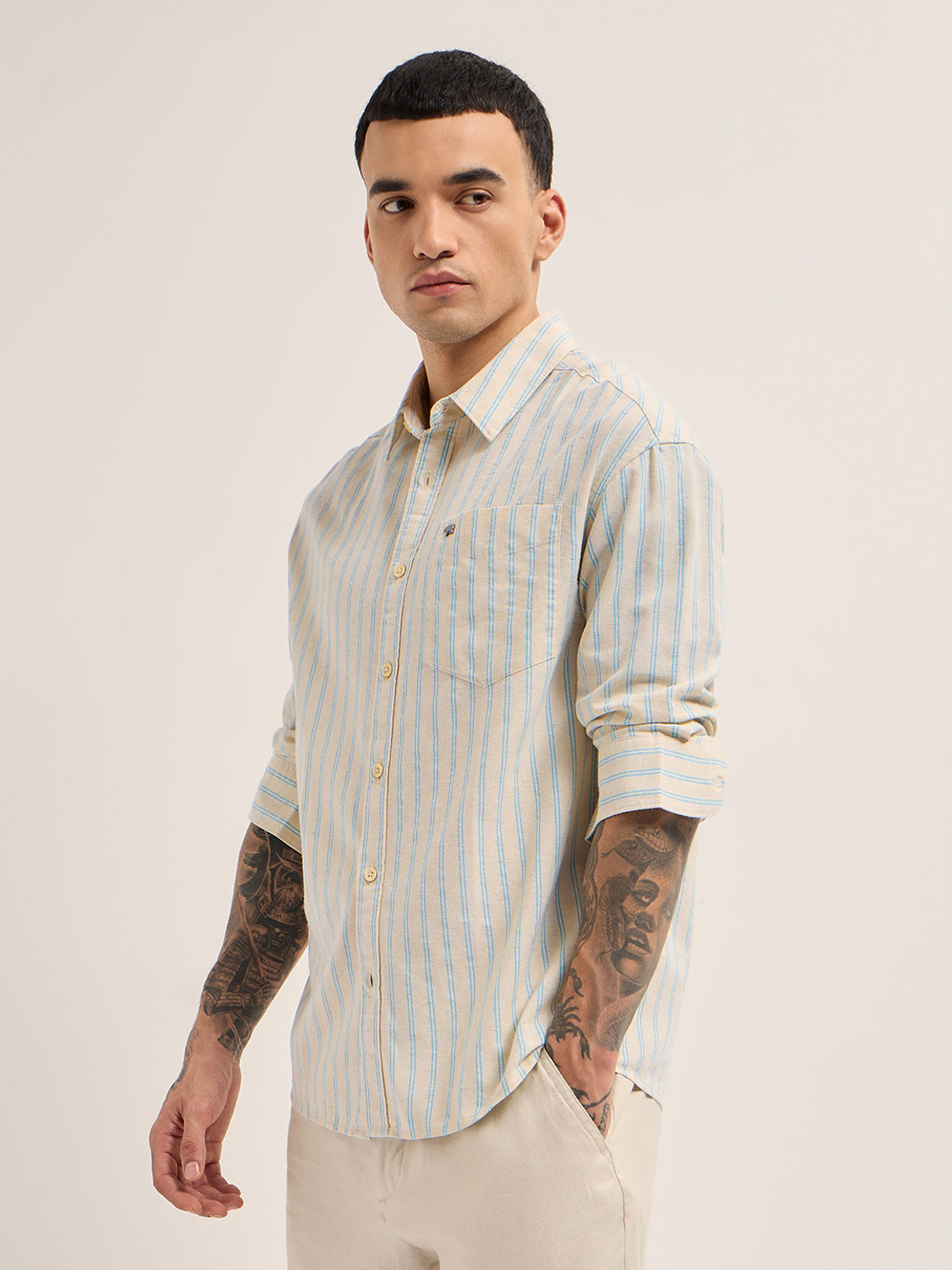Image of THE BEAR HOUSE Men Striped Casual Blue Shirt