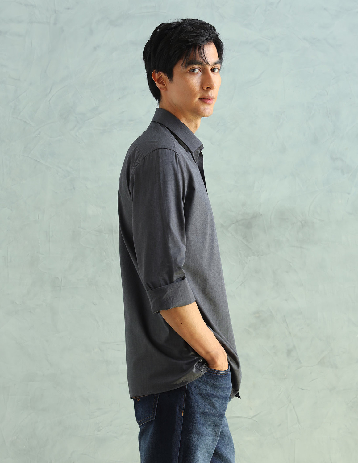 Image of ARROW Men Solid Formal Grey Shirt