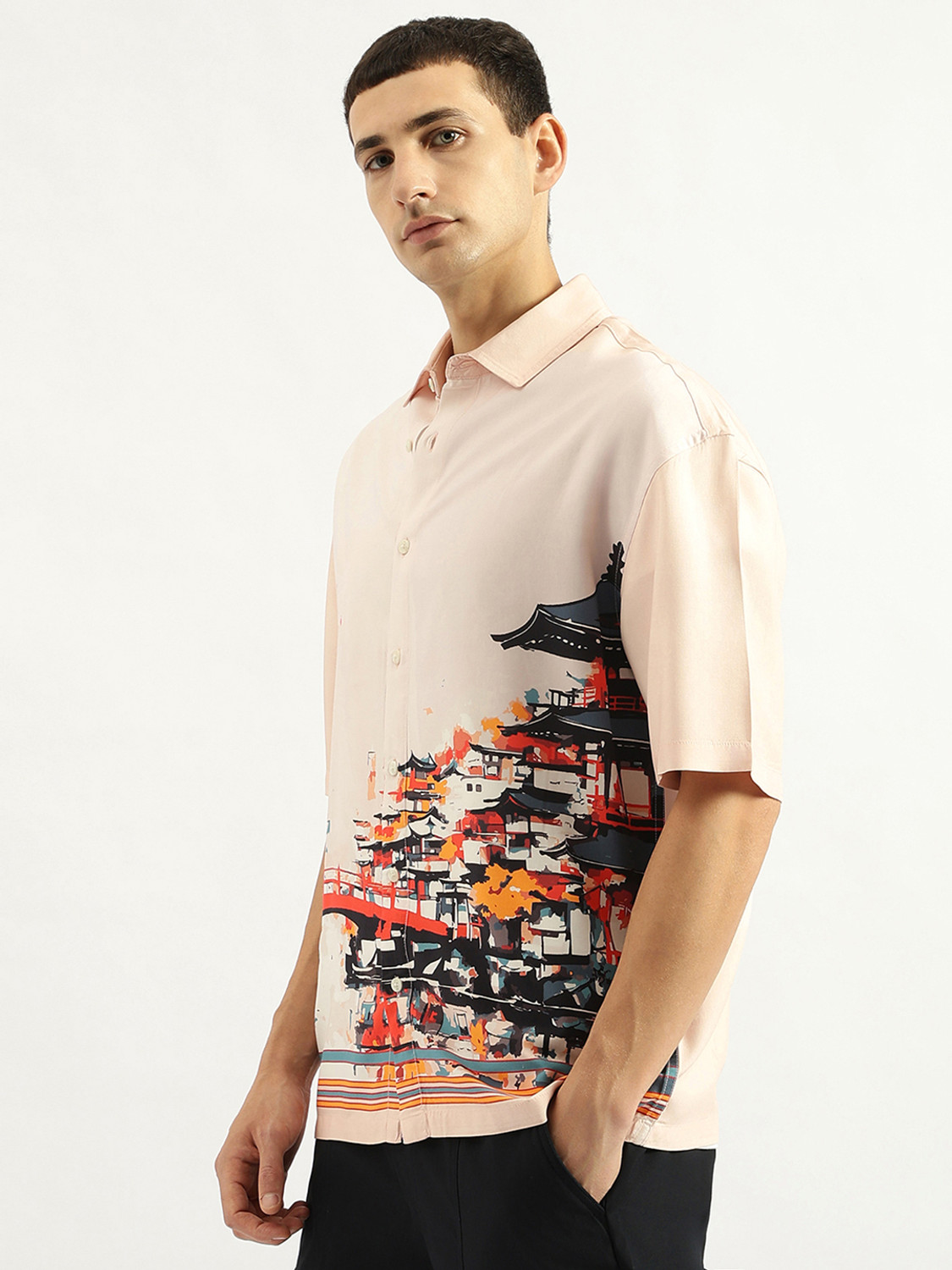 Image of United Colors of Benetton Men Printed Casual Pink Shirt