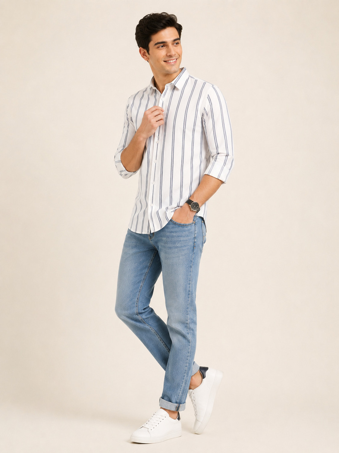 Image of METRONAUT Men Striped Casual Dark Blue Shirt