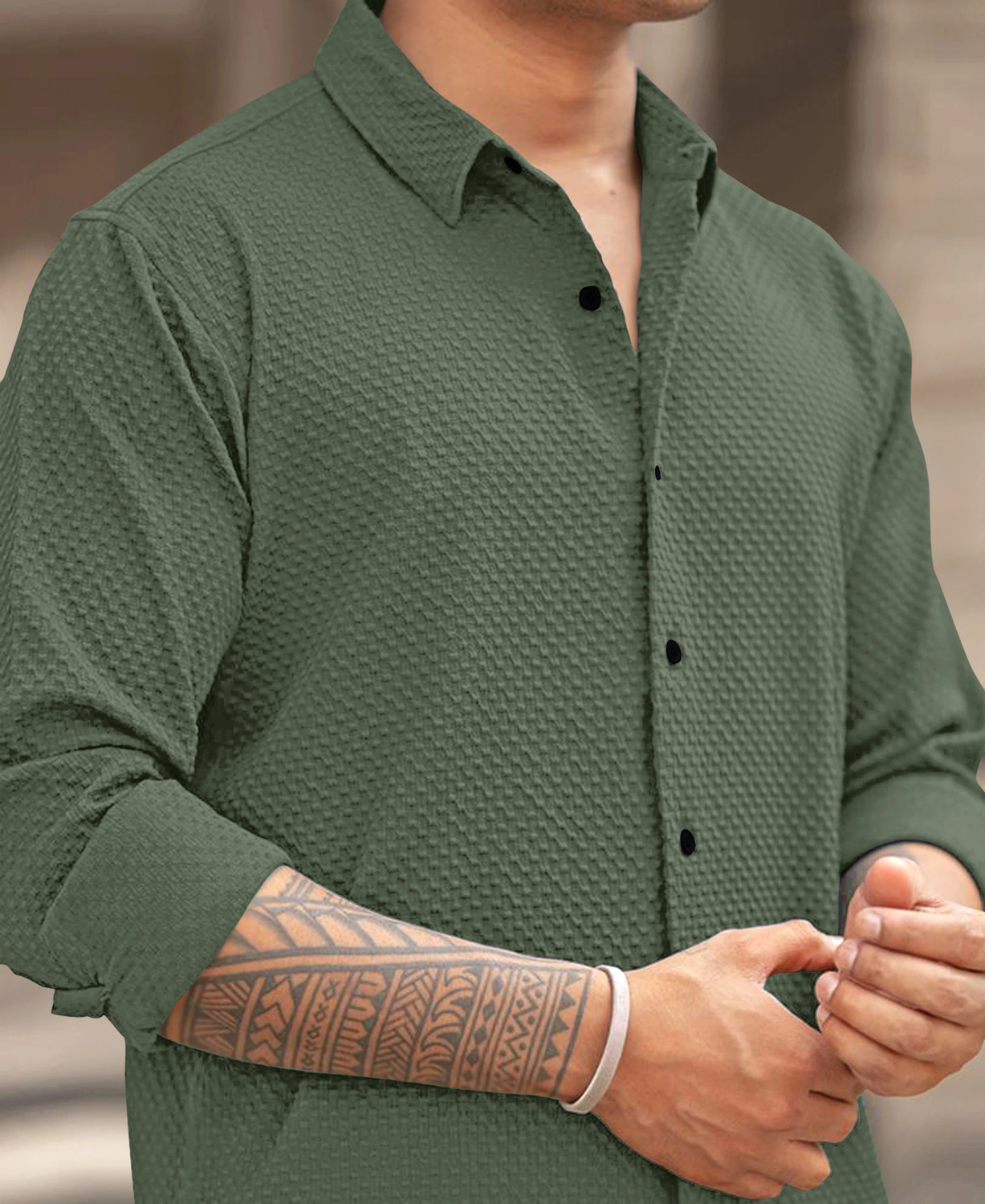 Image of AANKLAR Men Self Design Casual Green Shirt