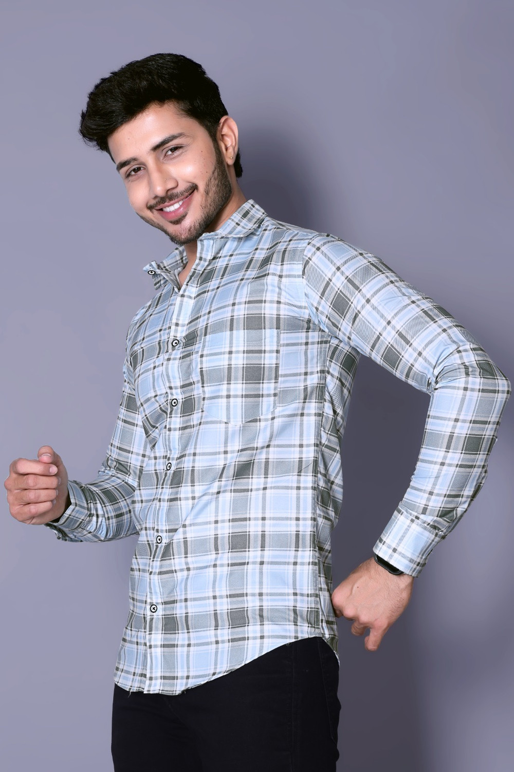 Image of Moudlin Men Checkered Casual Light Blue Shirt