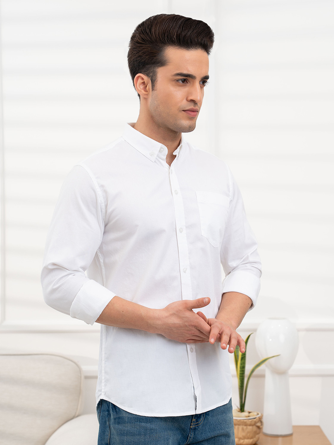 Image of RED TAPE Men Solid Casual White Shirt