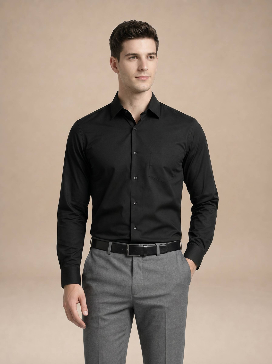 Image of TURTLE Men Solid Formal Black Shirt