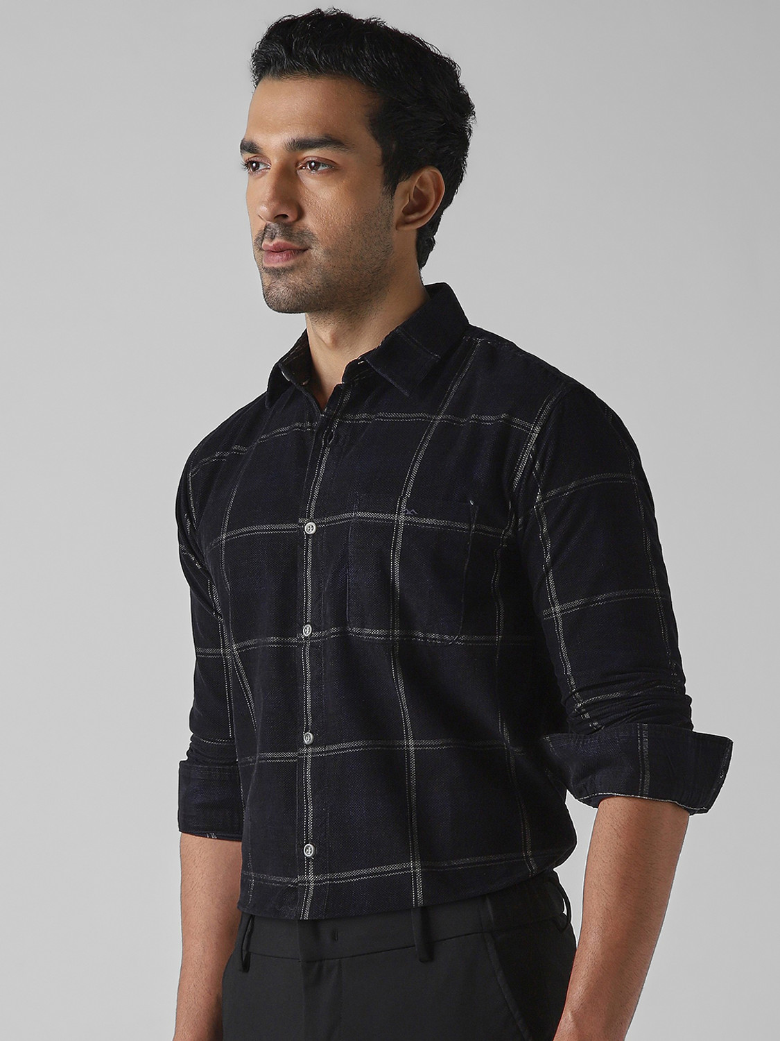 Image of MUFTI Men Checkered Casual Black Shirt