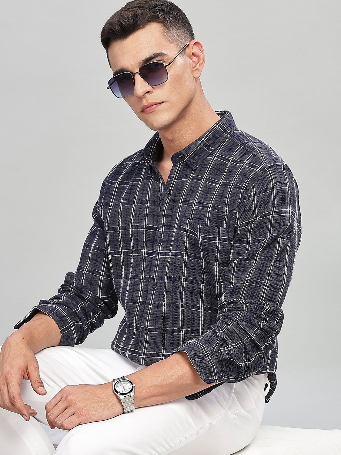 Image of HERE&NOW Men Checkered Casual Green Shirt