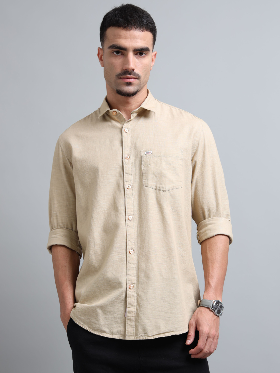 Image of U.S. Pitchers Men Solid Casual Beige Shirt