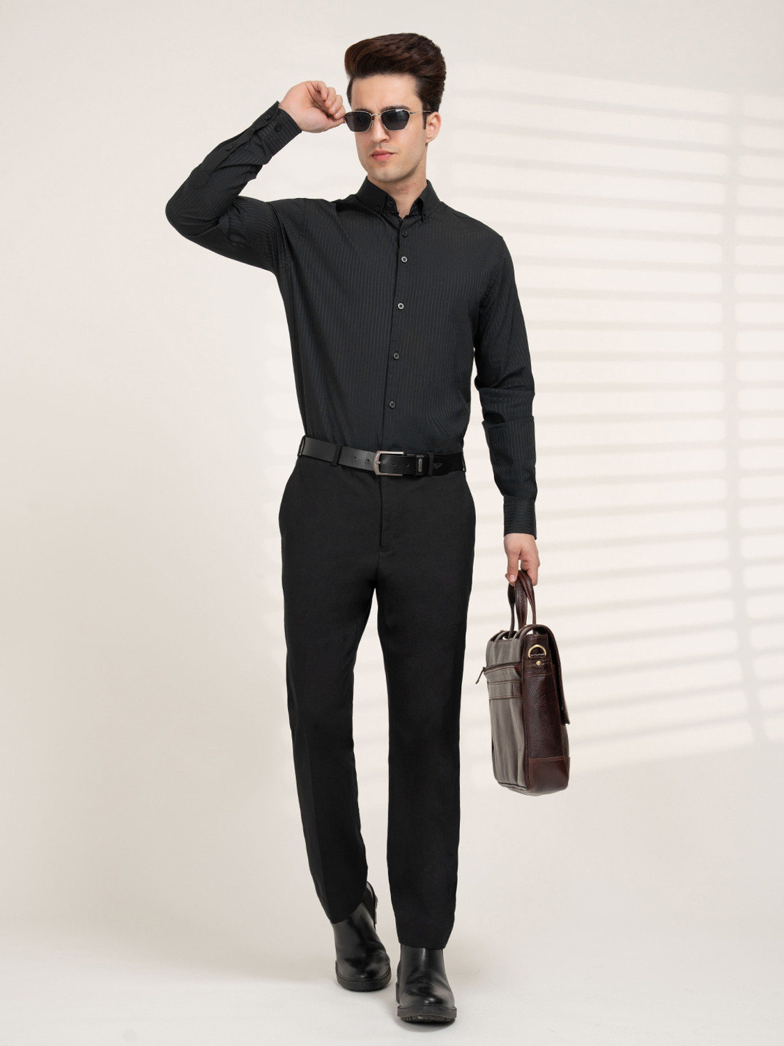 Image of RED TAPE Men Striped Formal Black Shirt