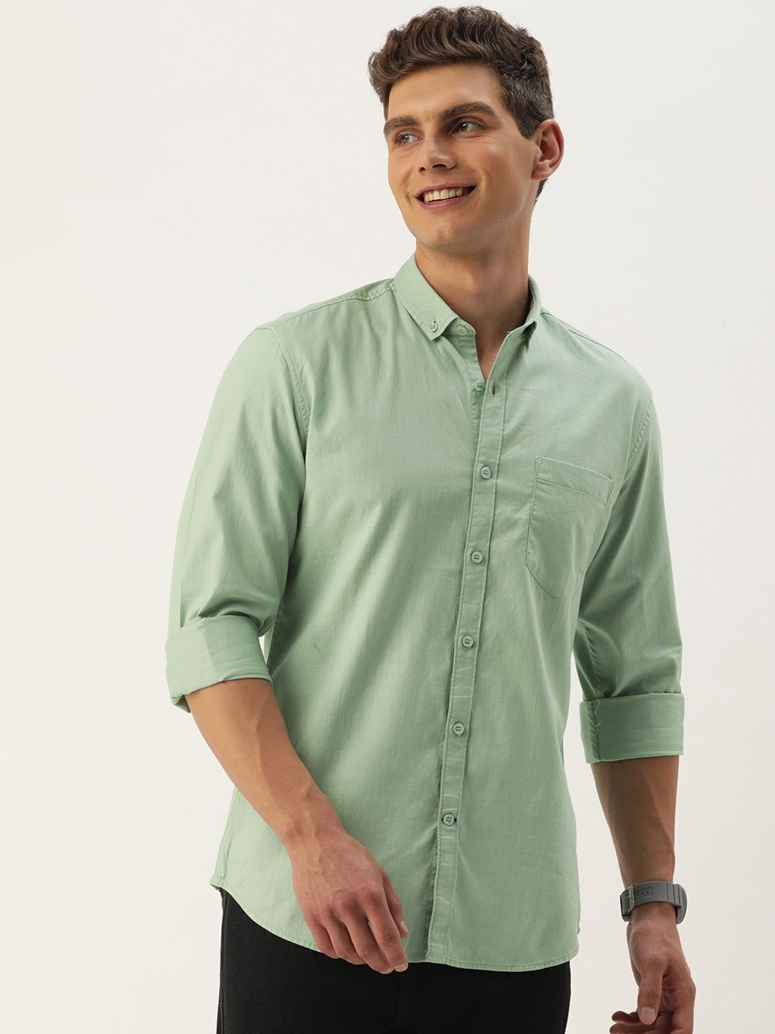 Image of Mast & Harbour Men Solid Casual Green Shirt