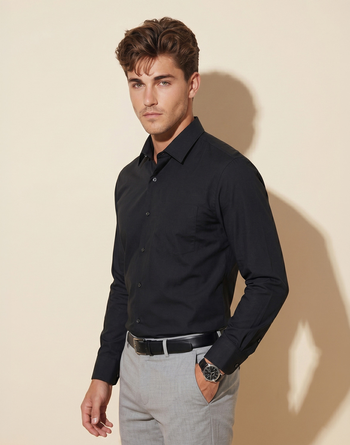 Image of PETER ENGLAND Men Solid Casual Black Shirt