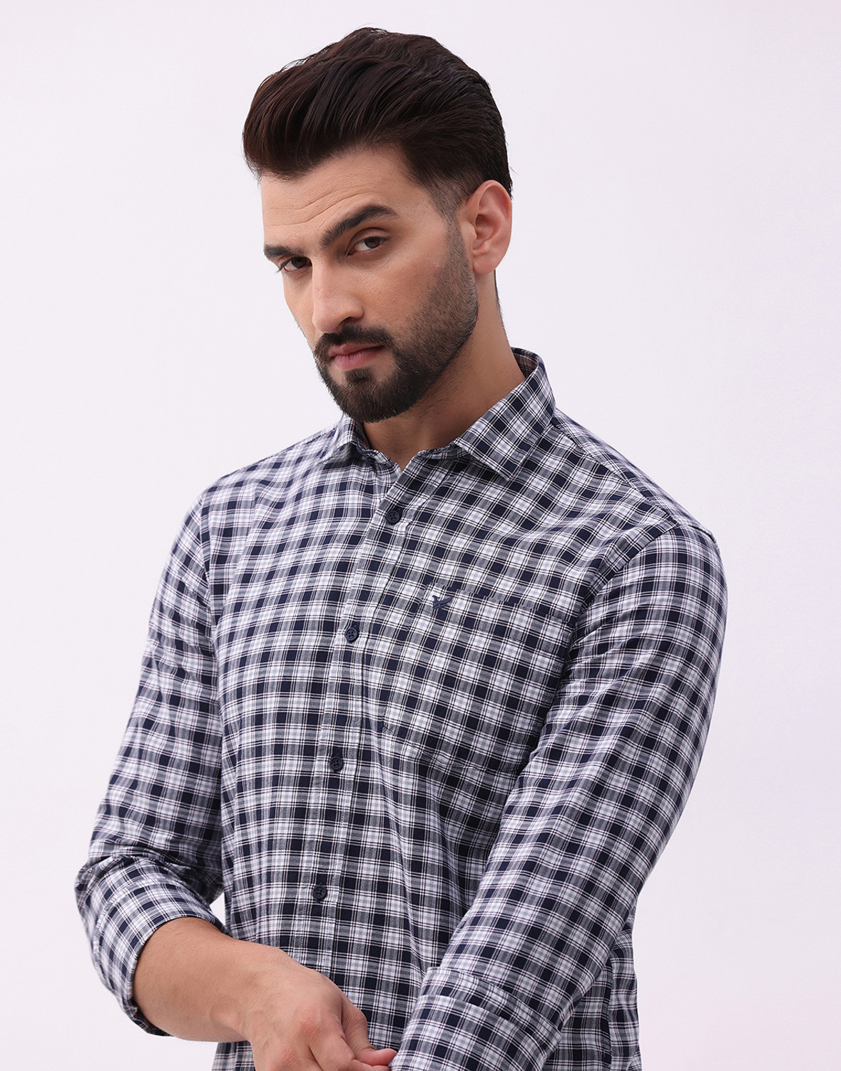 Image of Blackberrys Men Checkered Casual Dark Blue Shirt
