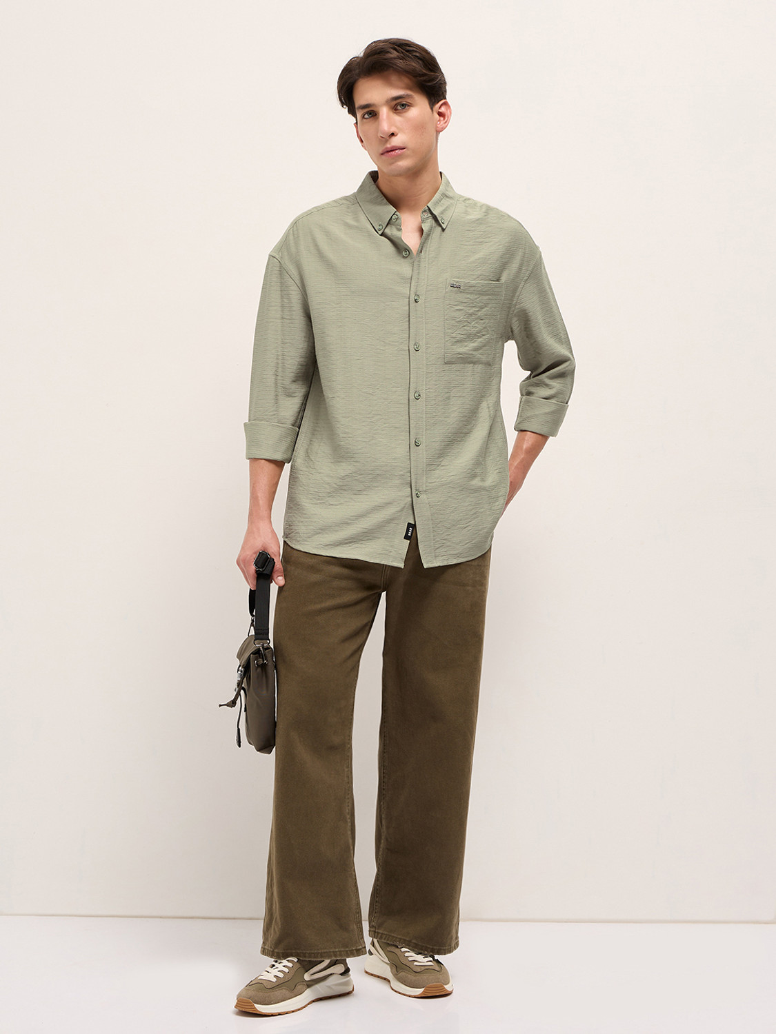 Image of THE BEAR HOUSE Men Self Design Casual Dark Green Shirt