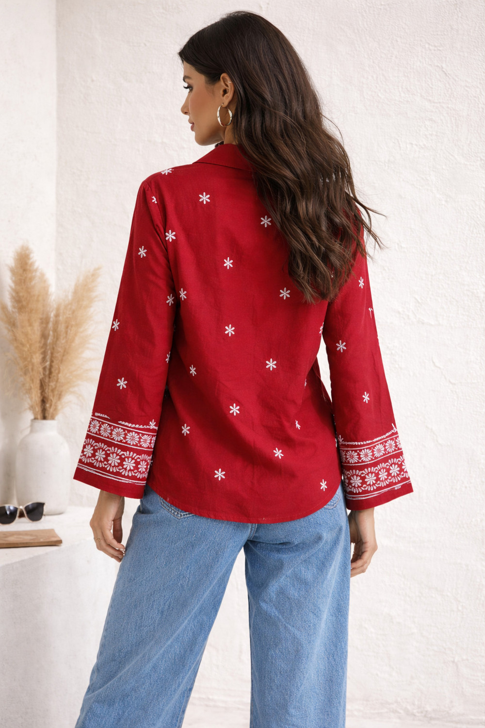 Image of Tzelynn Women Solid, Embroidered Casual Red Shirt