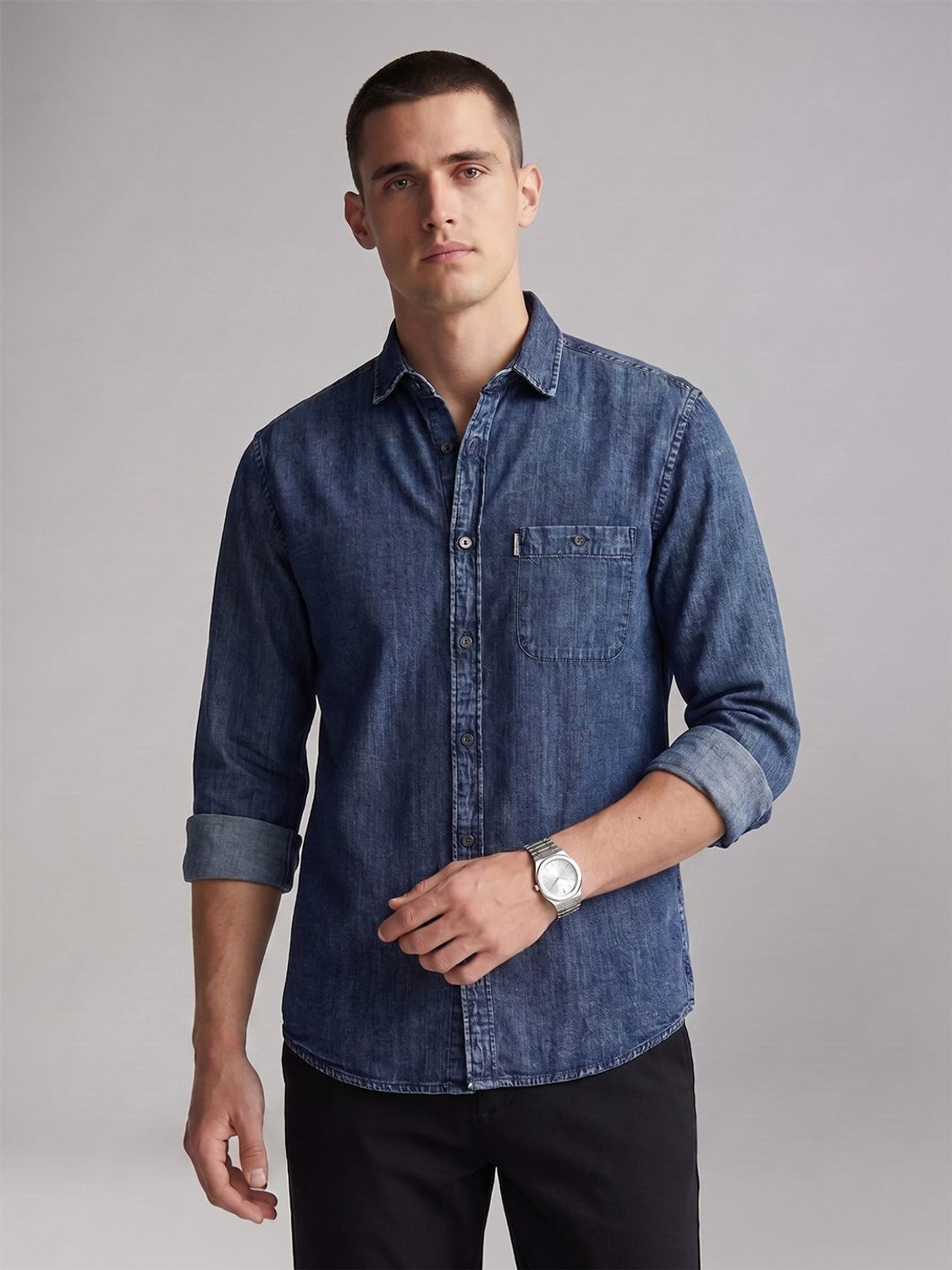 Image of Louis Philippe Jeans Men Solid Casual Blue Shirt