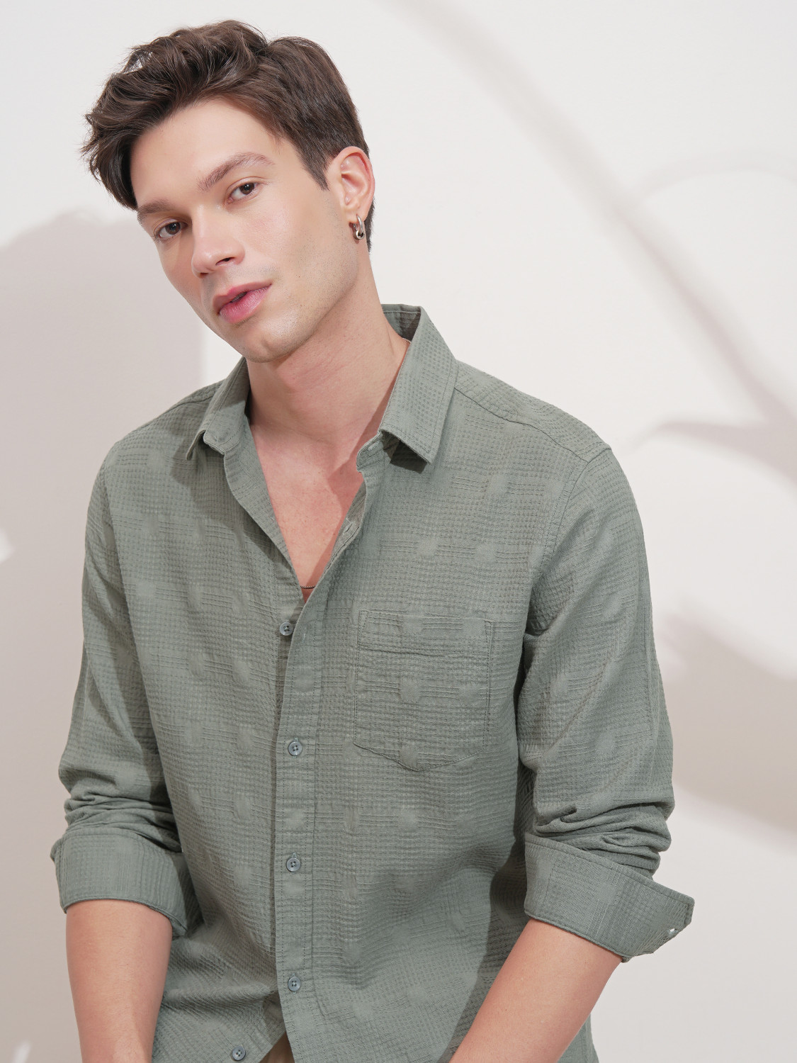 Image of HIGHLANDER Men Self Design Casual Grey Shirt