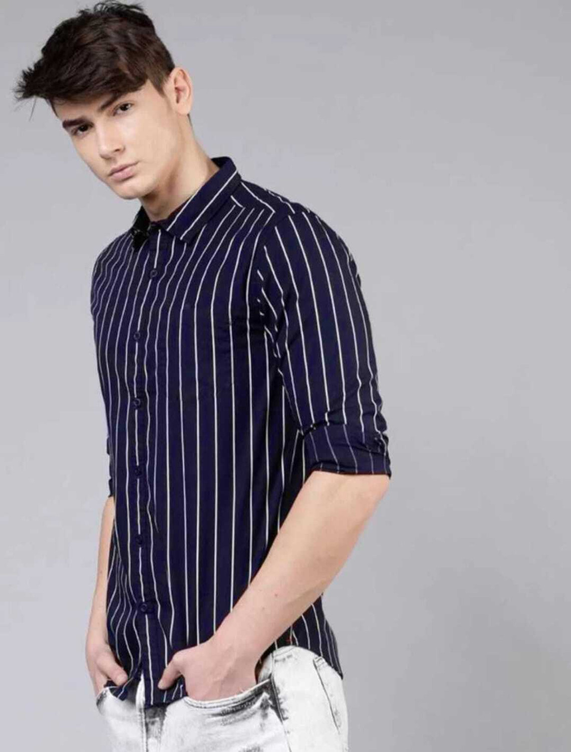 Image of LRK Men Striped Casual Blue Shirt