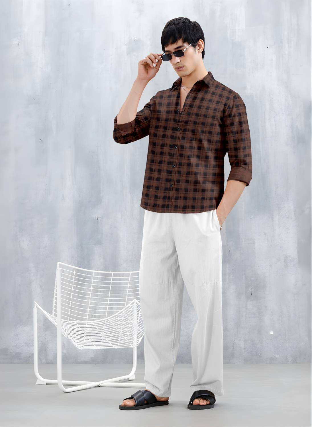 SZN Men Checkered Casual Brown Shirt - Image 5