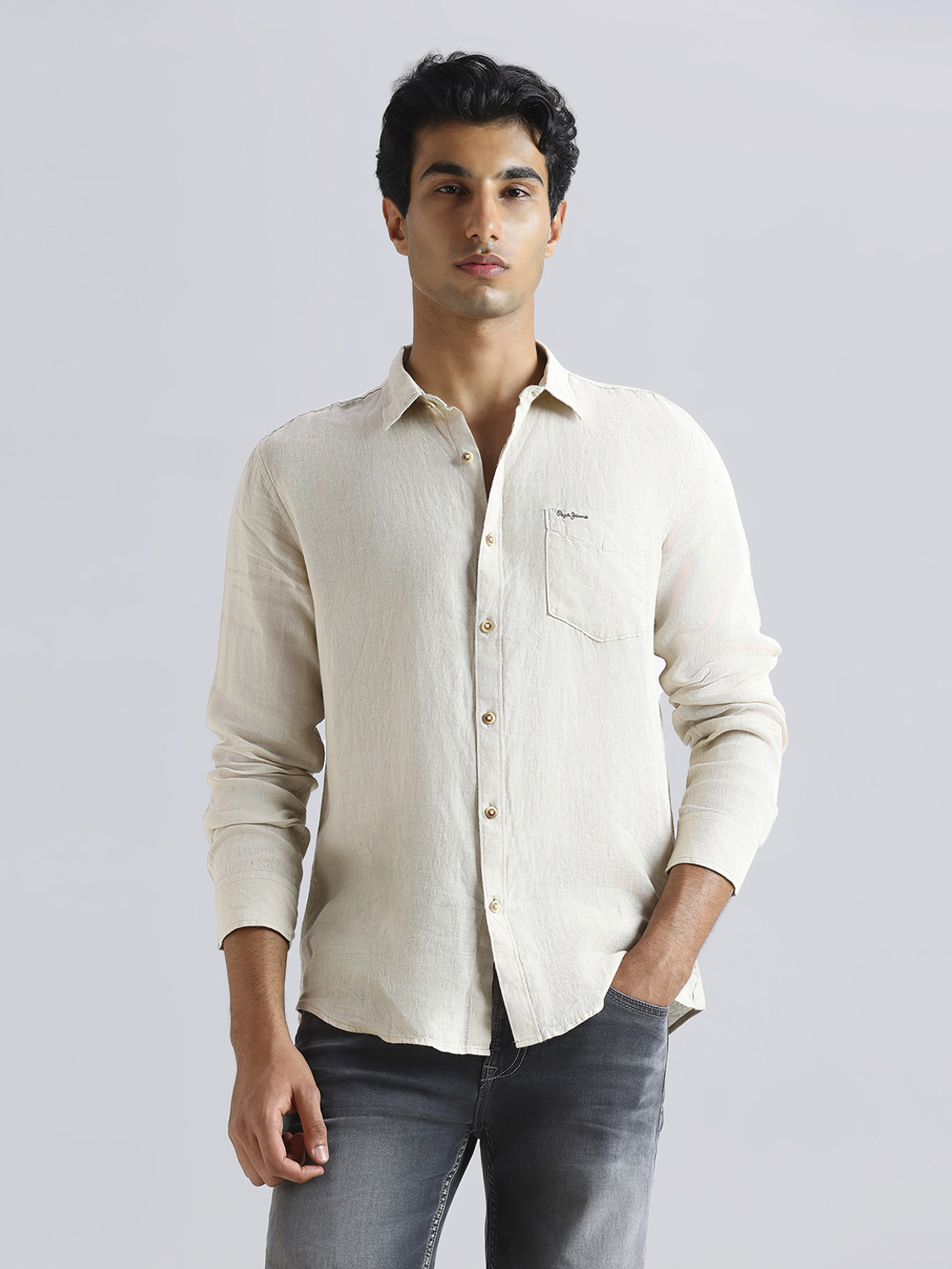 Image of Pepe Jeans Men Solid Casual White Shirt