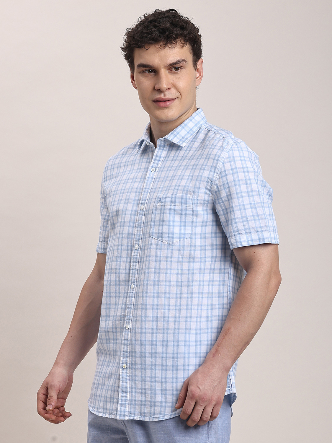 Image of TURTLE Men Checkered Casual Light Blue Shirt