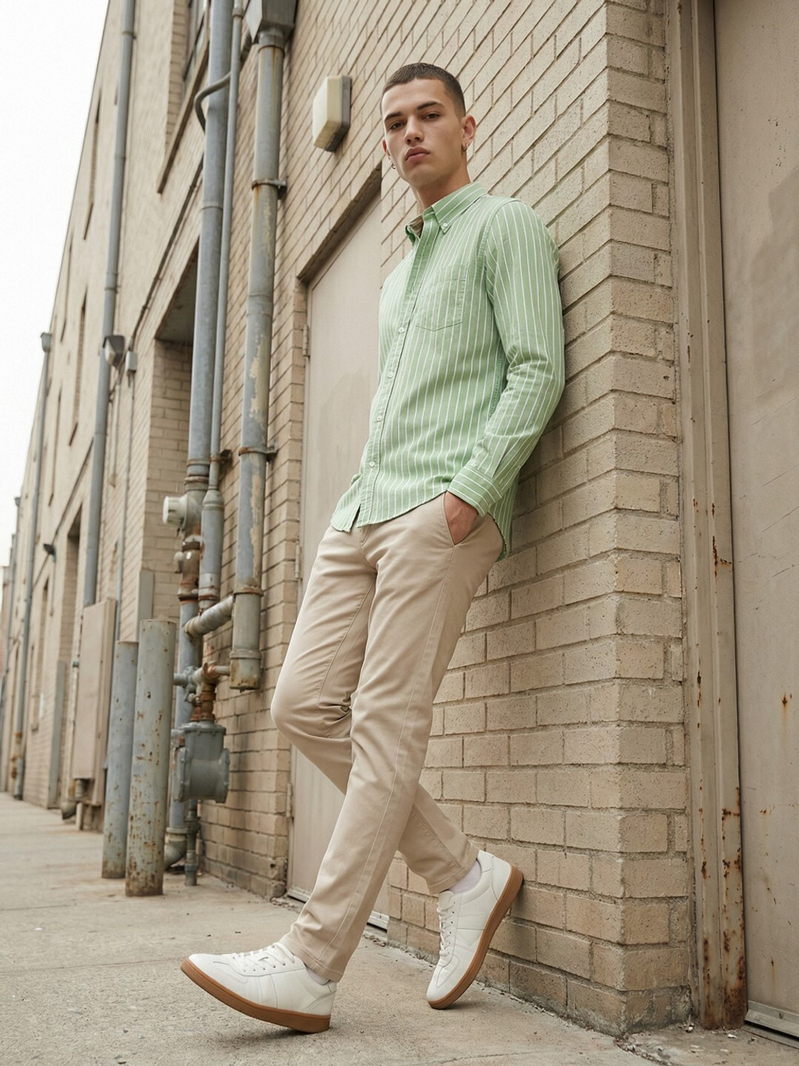 Image of METRONAUT Men Striped Casual Light Green Shirt