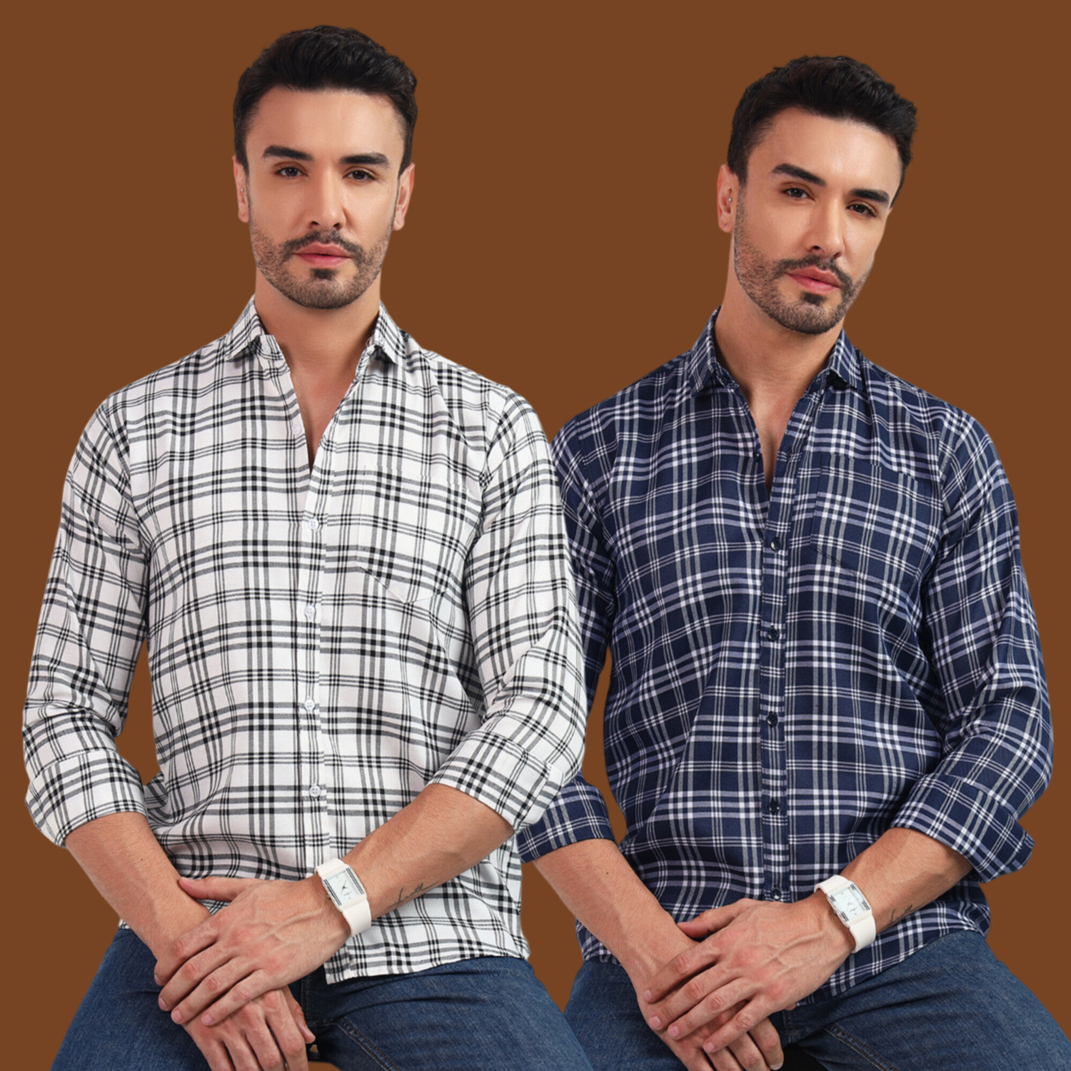 Image of youth first Men Checkered Casual White, Blue Shirt