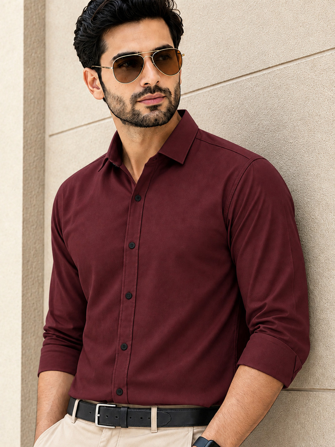 Image of HOYTOCHE Men Regular Fit Solid Spread Collar Formal Shirt