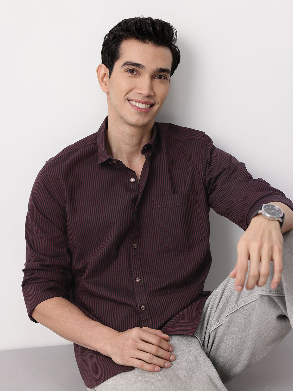Image of Mast & Harbour Men Striped Casual Maroon Shirt