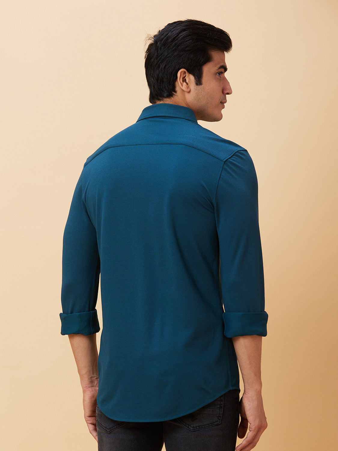 Image of BEING HUMAN Men Solid Casual Dark Blue Shirt