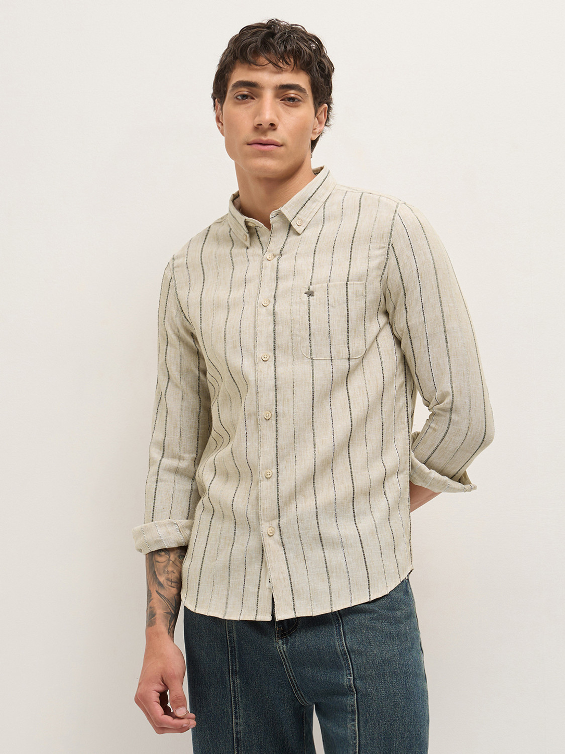 Image of THE BEAR HOUSE Men Striped Casual Beige Shirt