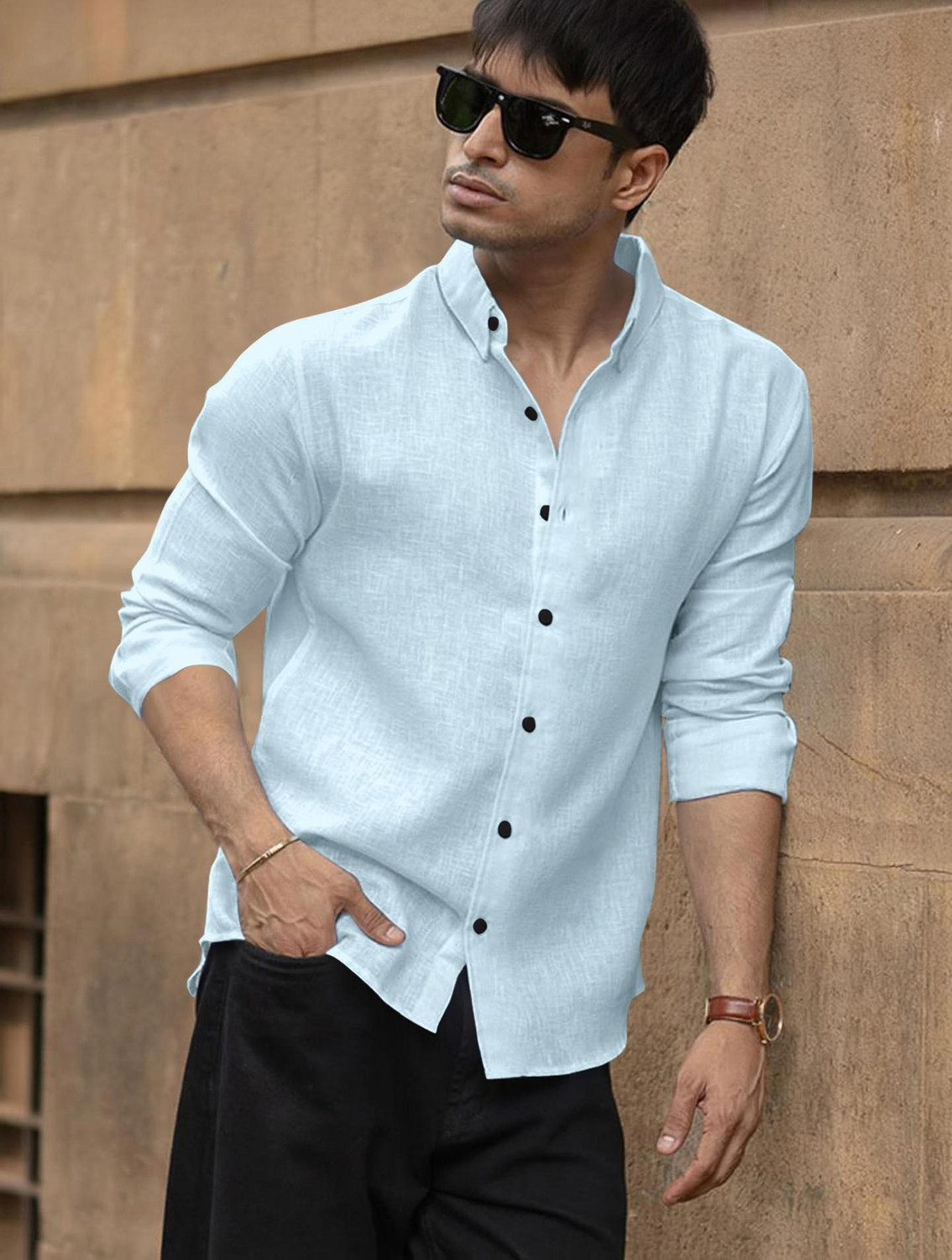 Image of savani taxtile industries Men Solid Casual Light Blue Shirt