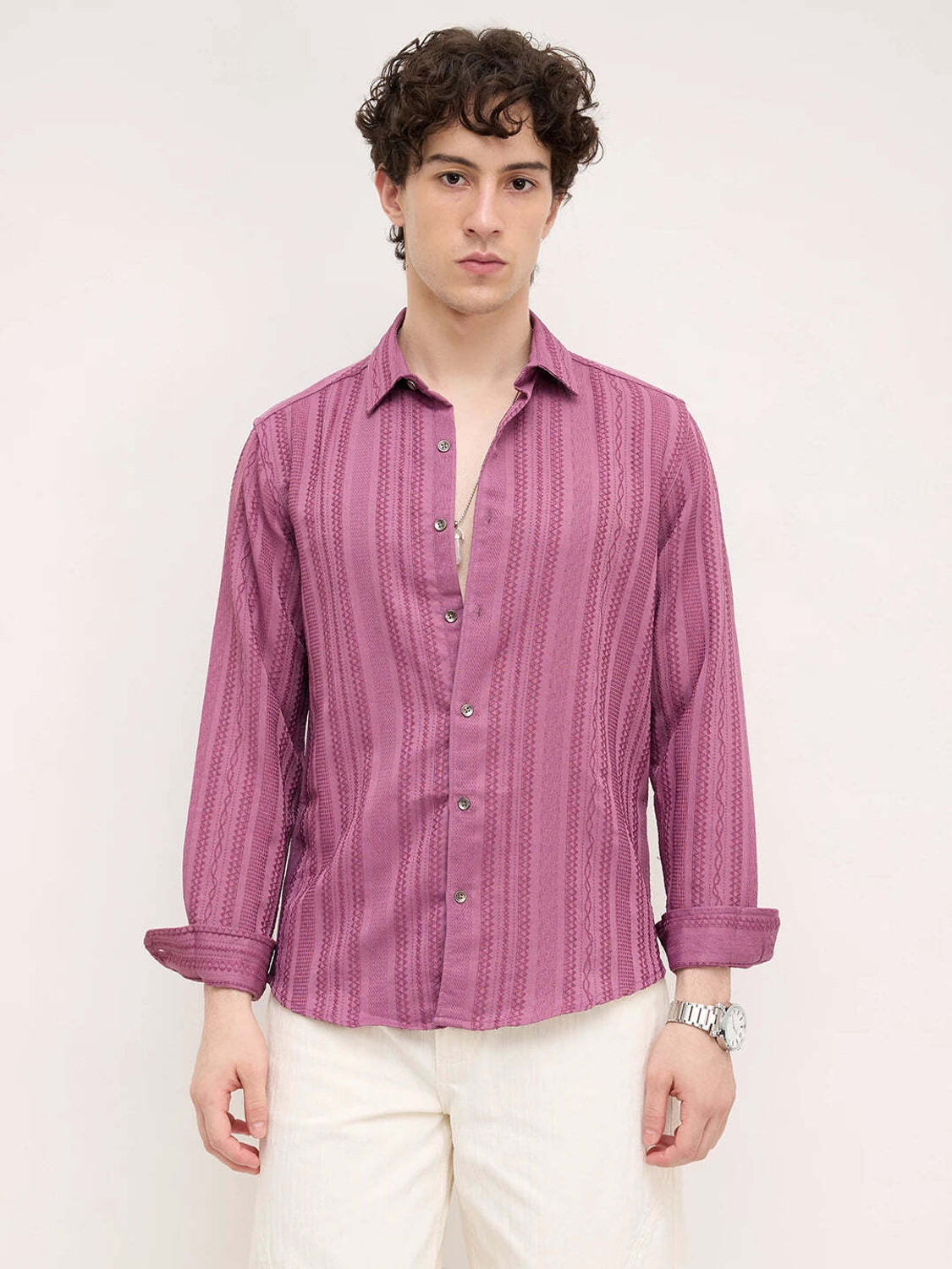 Image of VASTRADO Men Regular Fit Striped Cut Away Collar Casual Shirt