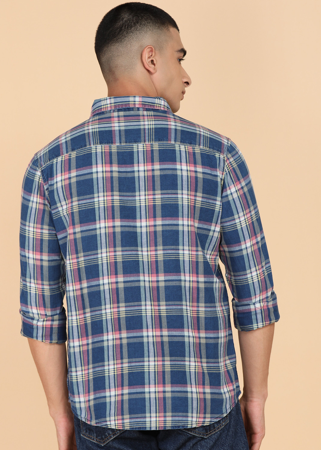 Image of United Colors of Benetton Men Checkered Casual Dark Blue Shirt