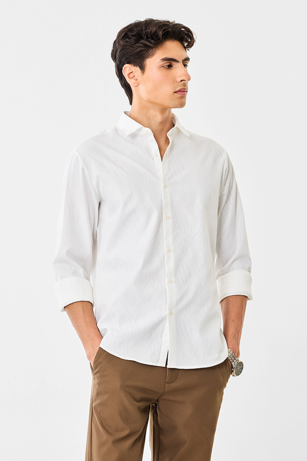 Image of Snitch Men Self Design Formal White Shirt