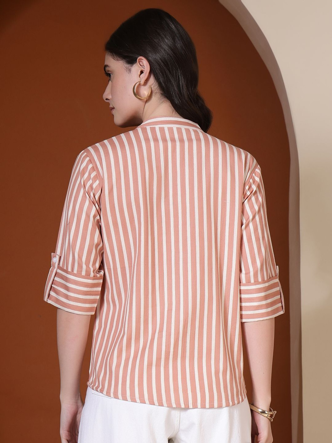Image of FebQ Women Regular Fit Striped Mandarin Collar Casual Shirt