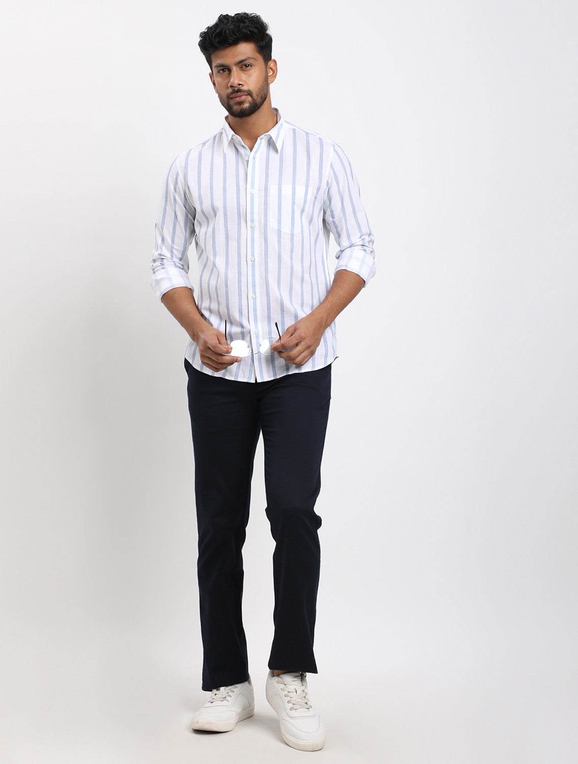 Image of INDIAN TERRAIN Men Striped Casual White Shirt