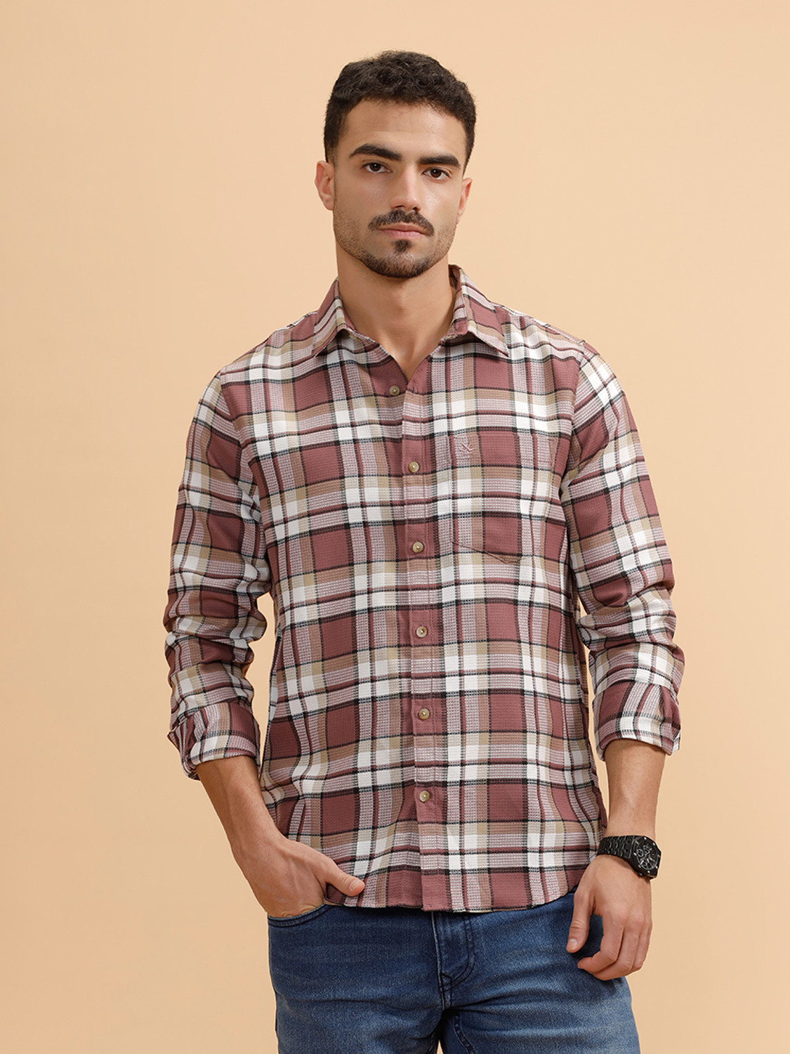 Image of WROGN Men Checkered Casual Pink Shirt