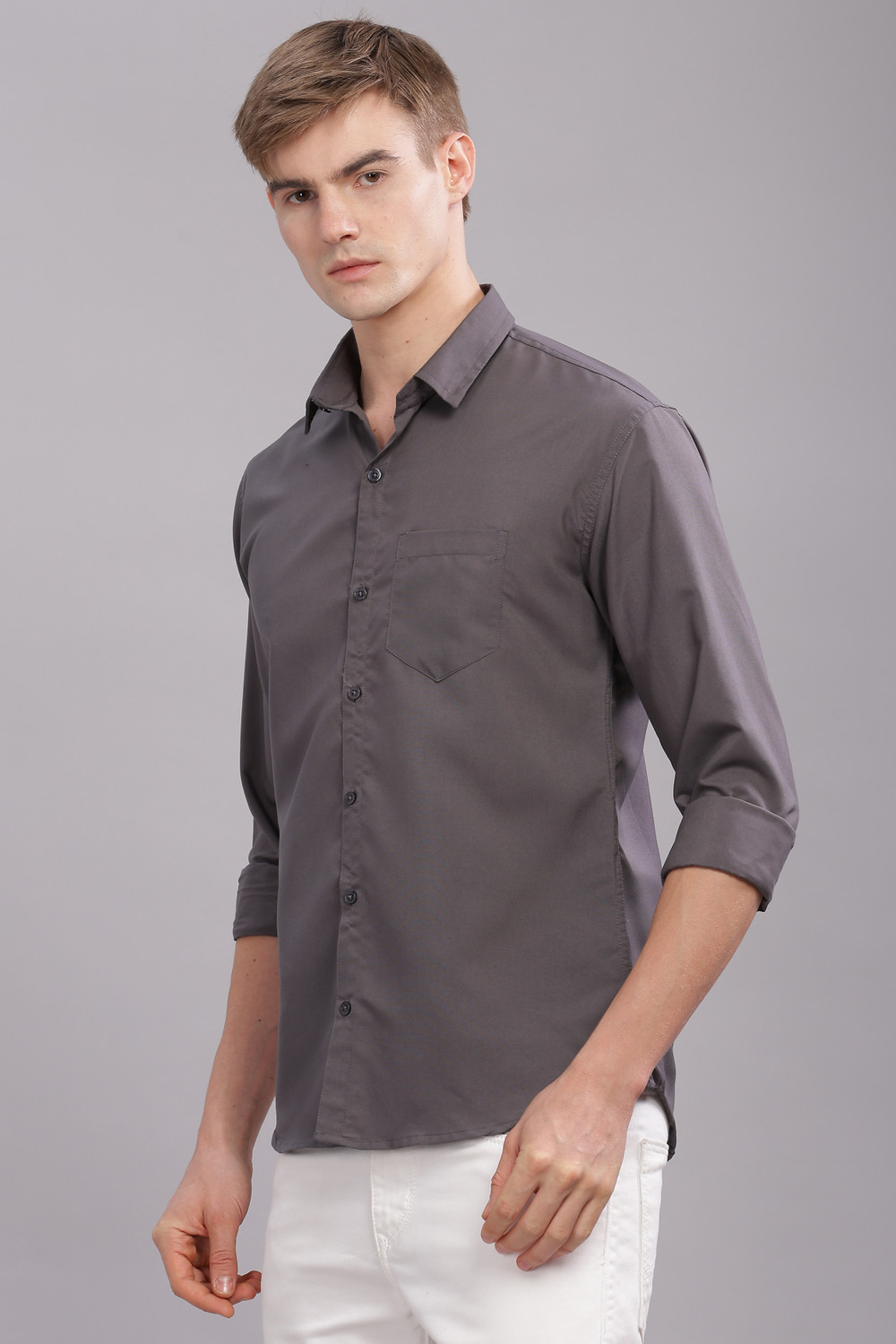 Image of Uzmax Men Solid Casual Grey Shirt