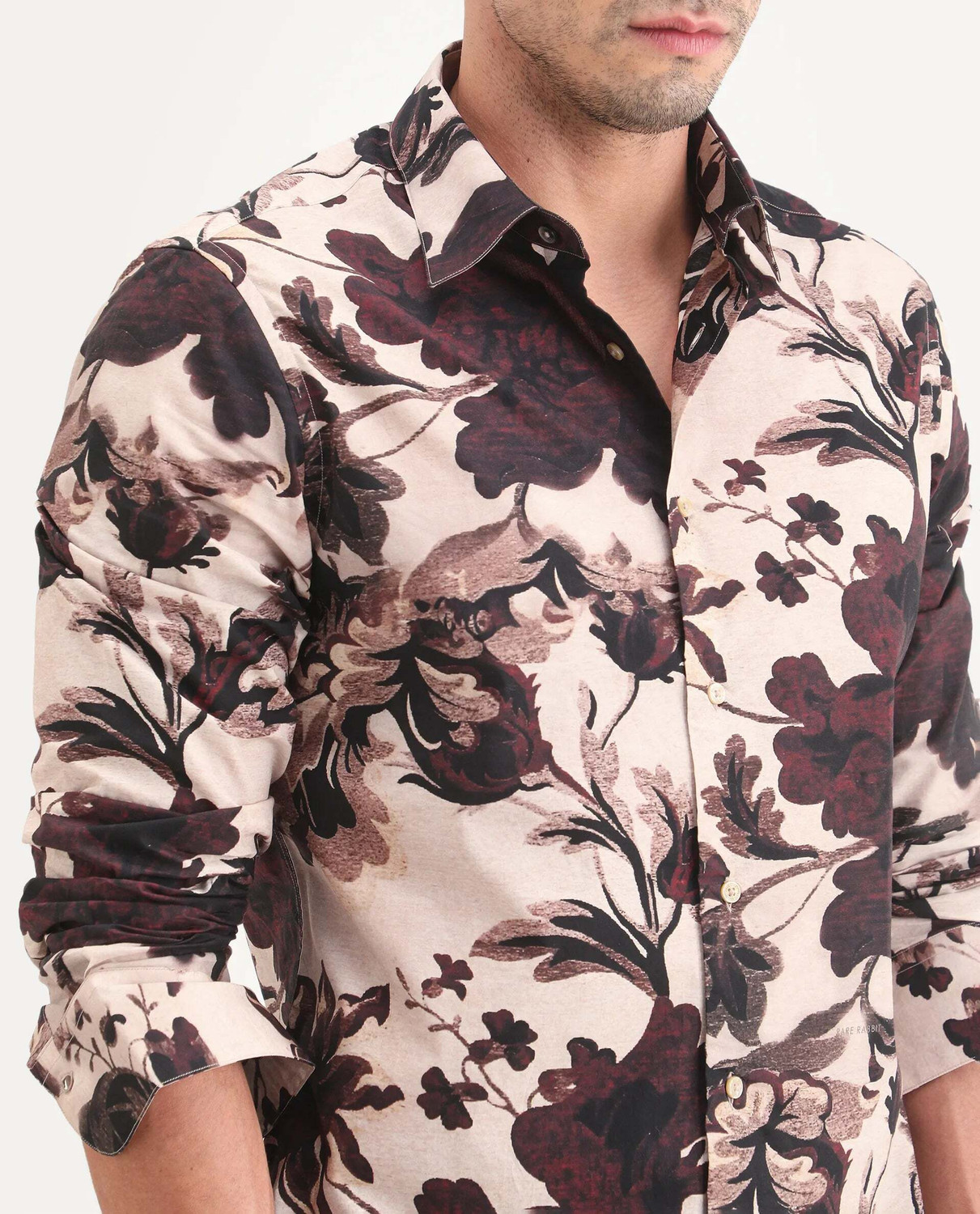 Image of RARE RABBIT Men Floral Print Casual Beige Shirt