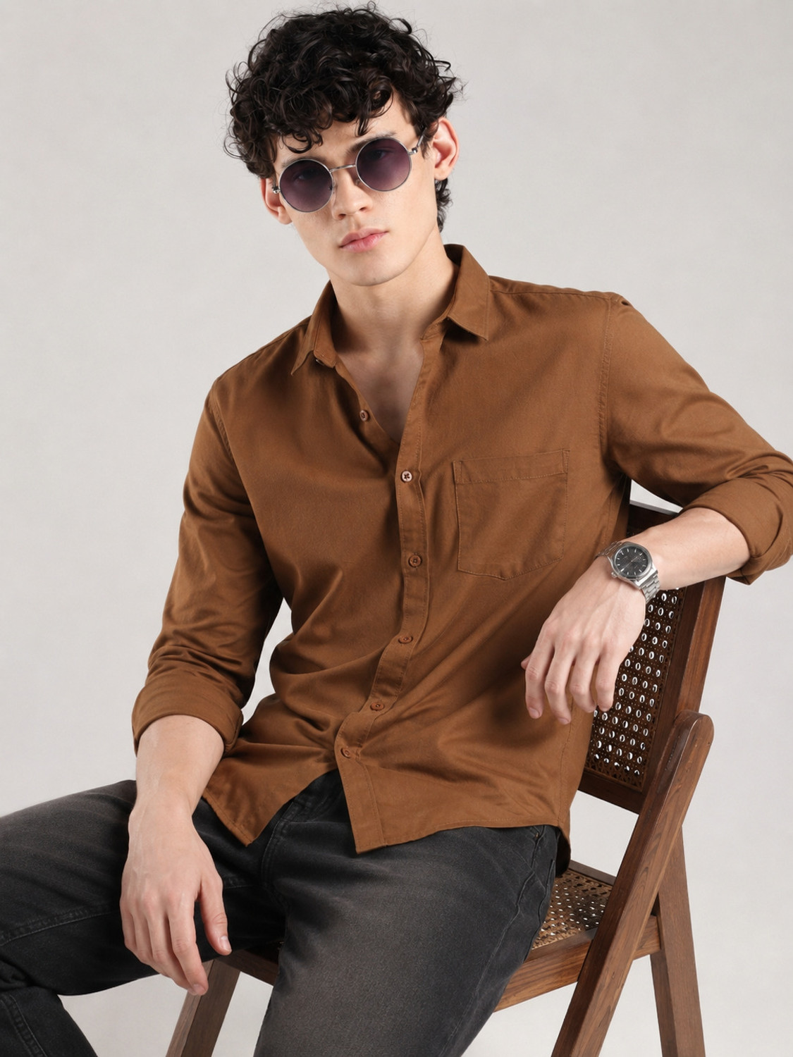 Image of Roadster Men Solid Casual Brown Shirt