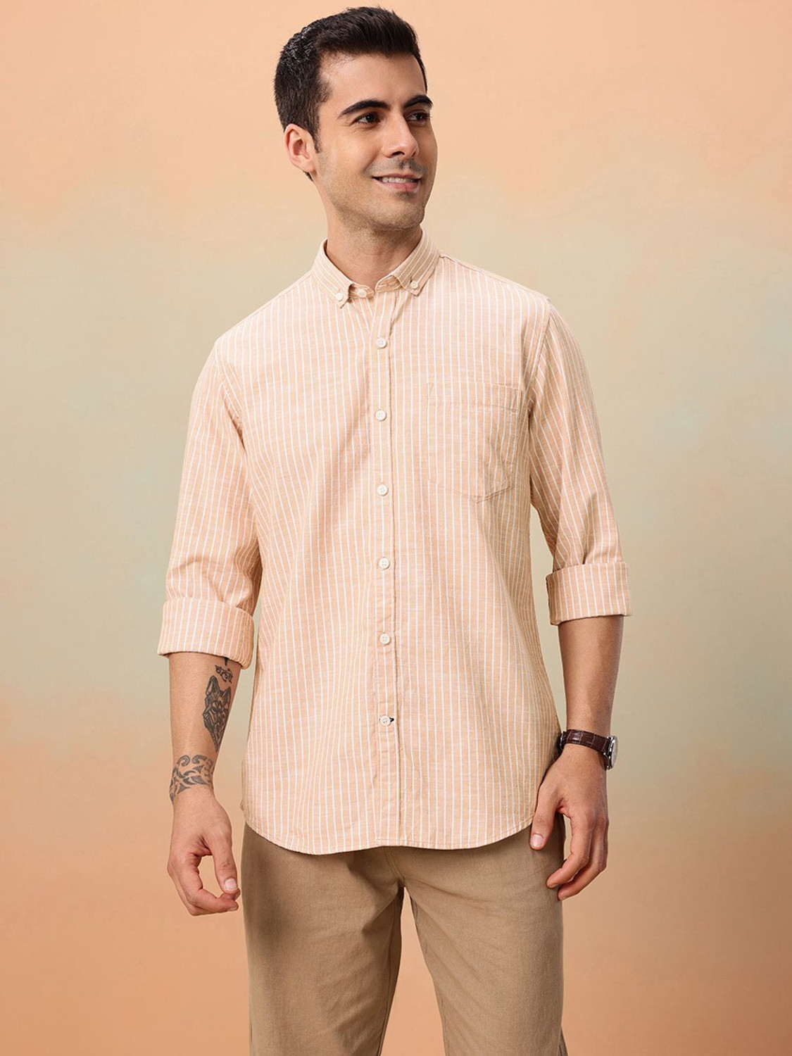 Image of Mast & Harbour Men Striped Casual Pink Shirt