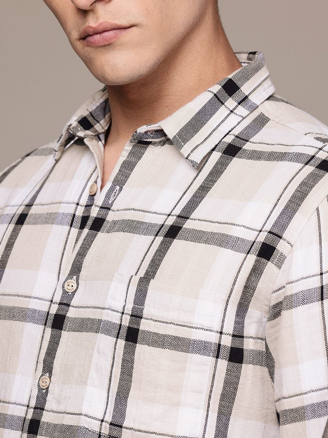 Image of Roadster Men Checkered Casual Beige Shirt