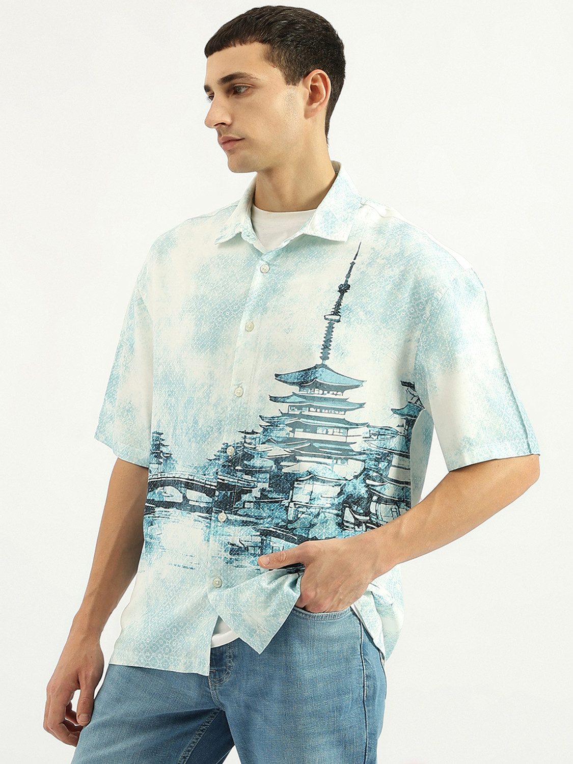 Image of United Colors of Benetton Men Printed Casual Blue Shirt