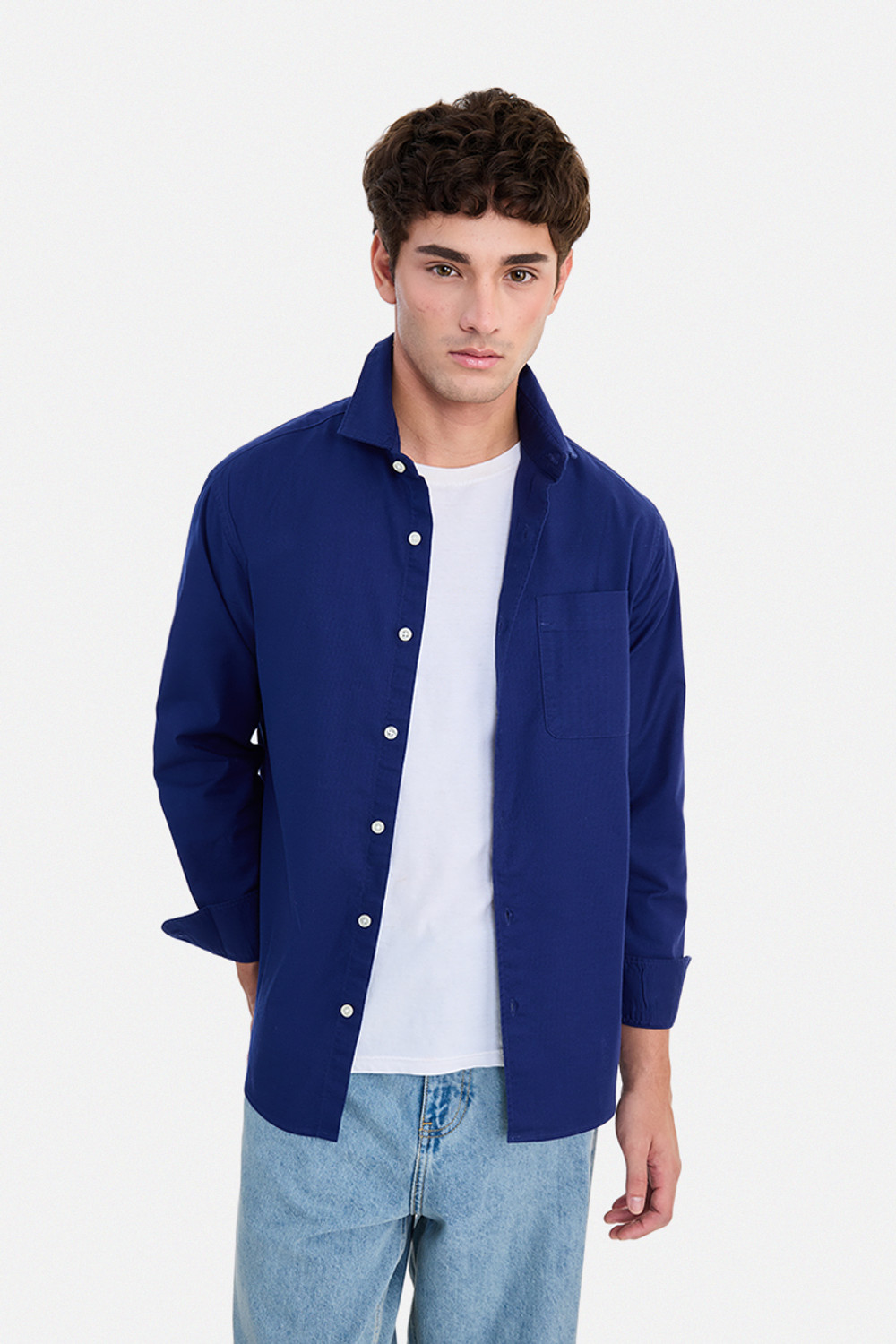 Image of Snitch Men Solid Casual Dark Blue Shirt