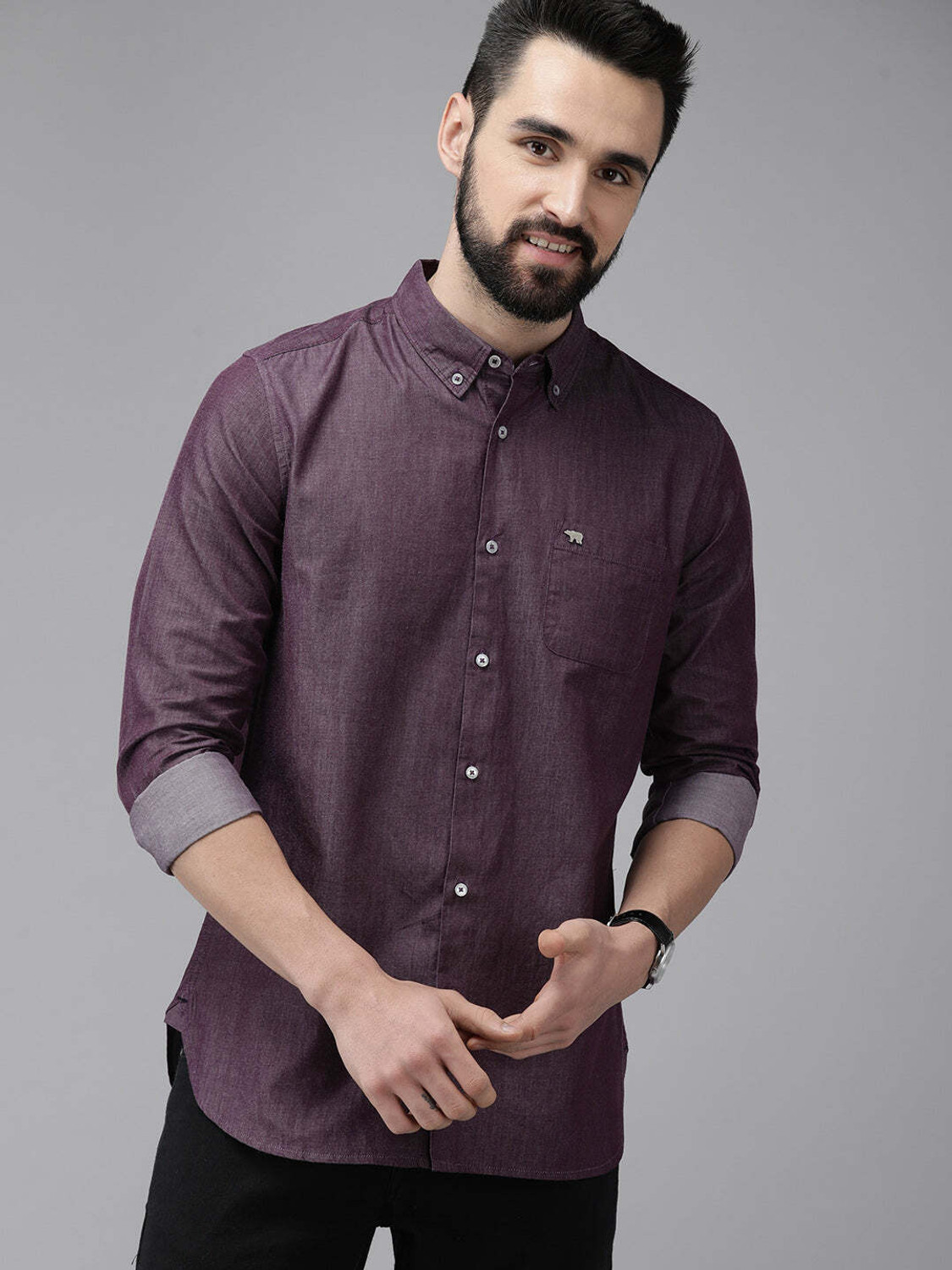 Image of THE BEAR HOUSE Men Solid Casual Purple Shirt
