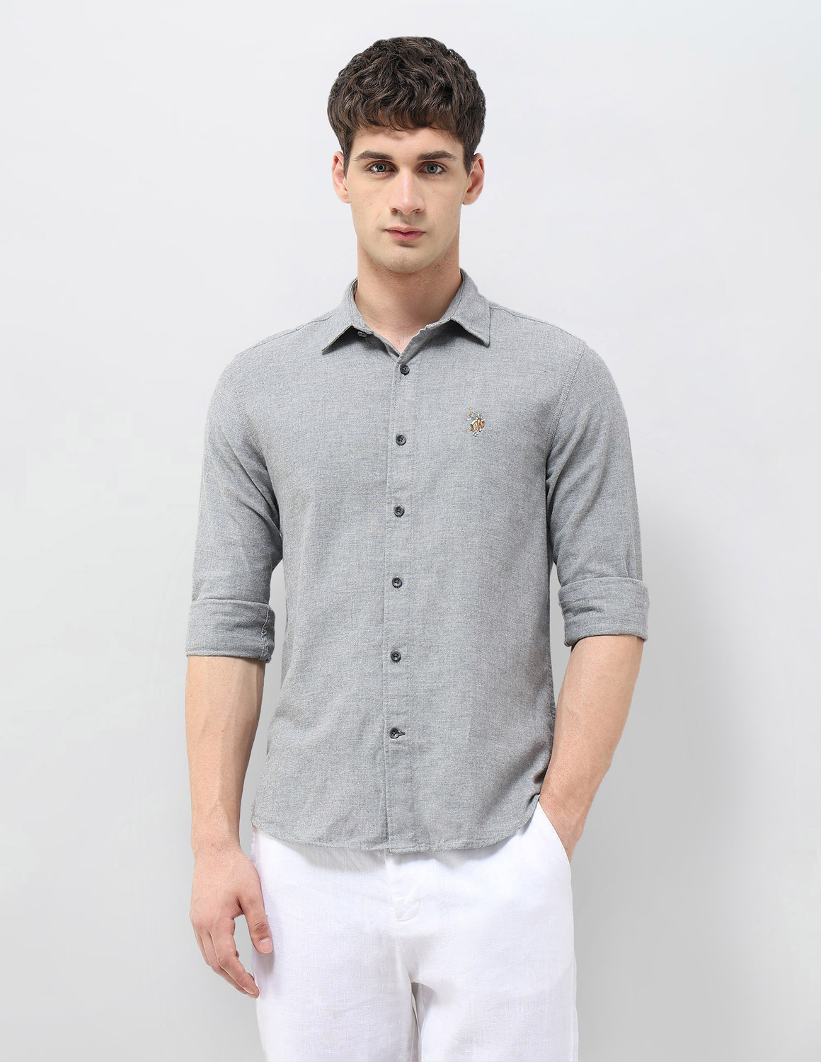 Image of U.S. Polo Assn. Denim Co. Men Solid Casual Grey Shirt