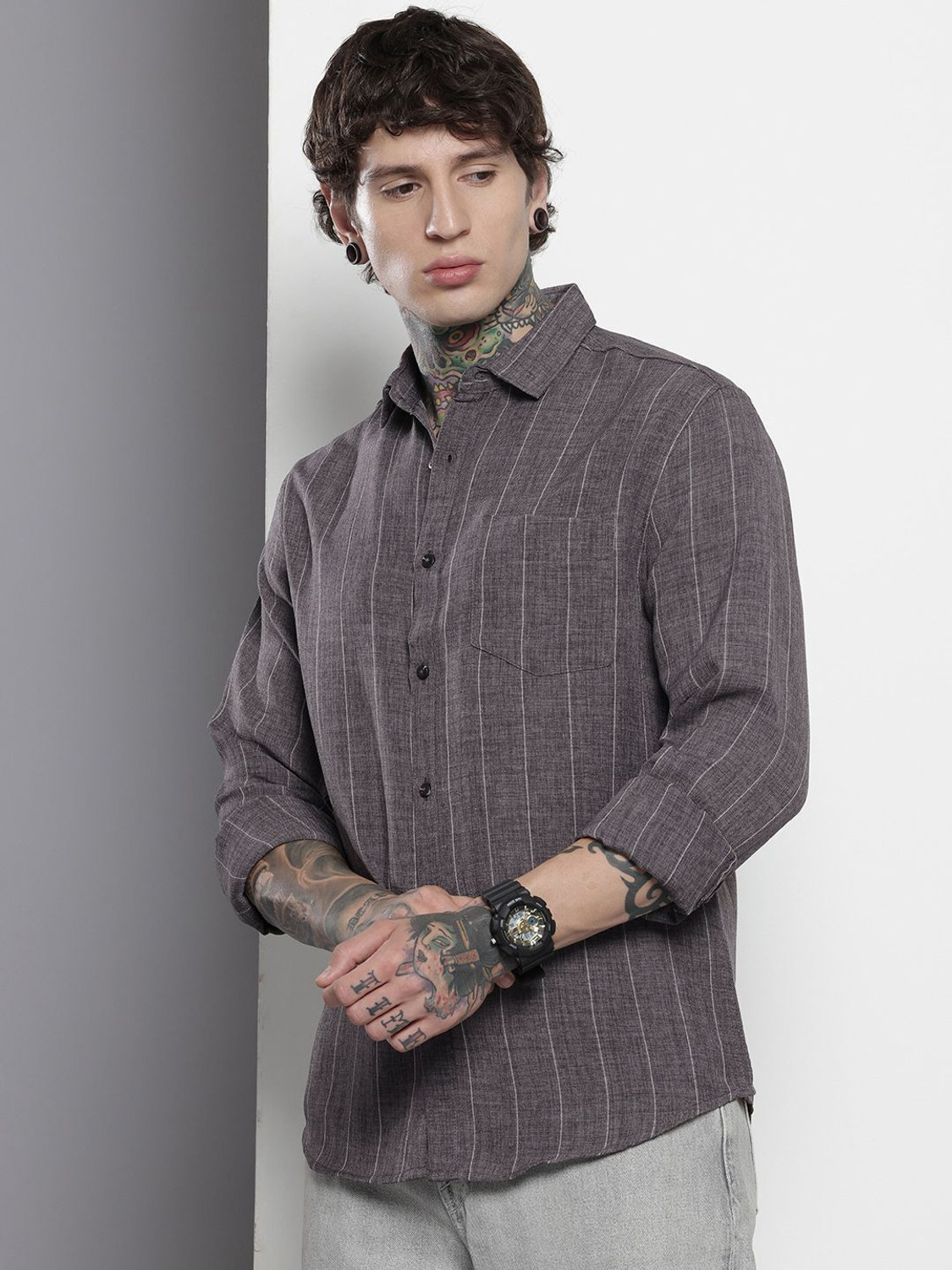 Image of The Indian Garage Co. Men Striped Casual Grey Shirt