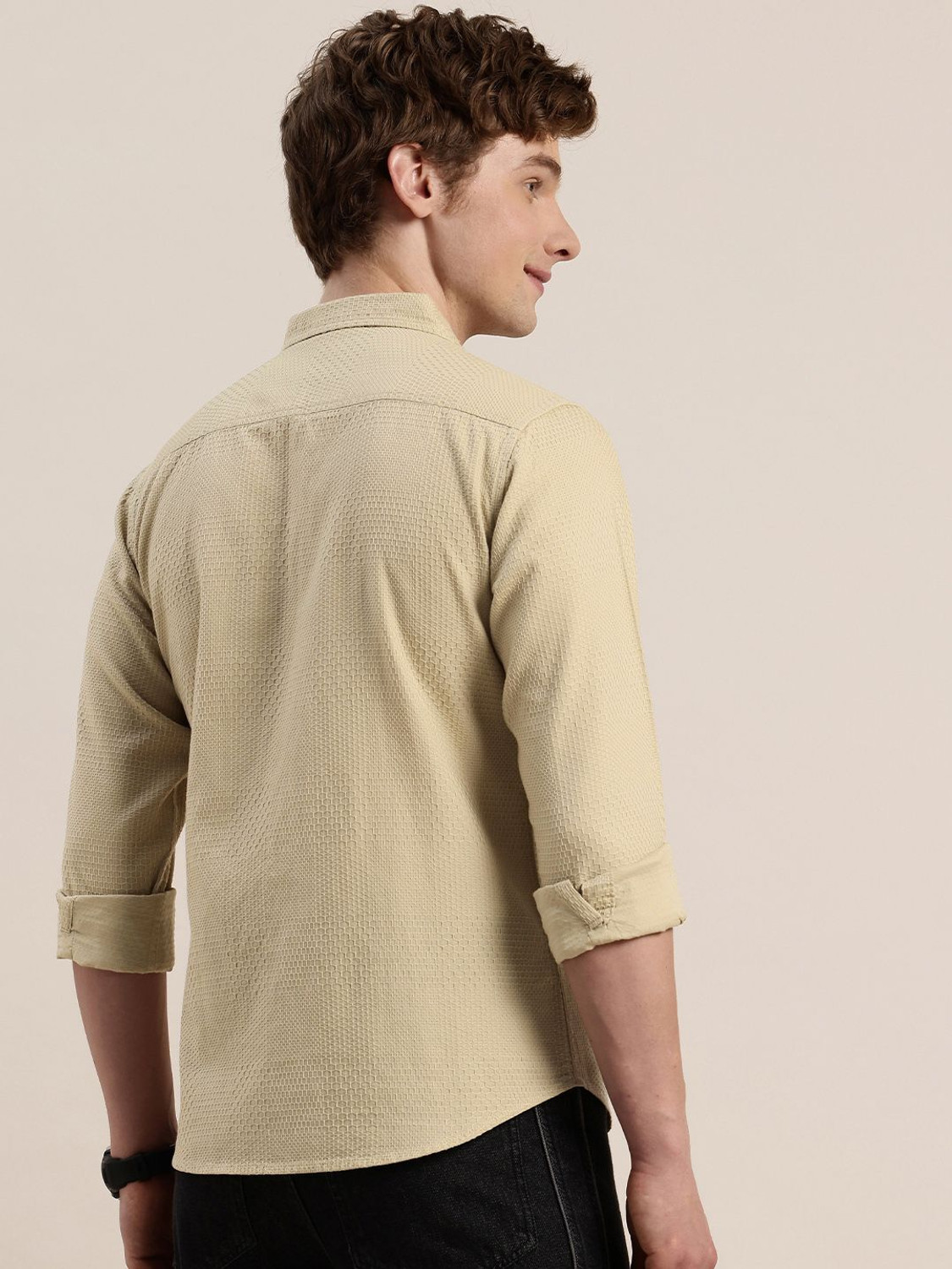 Image of HERE&NOW Men Self Design Casual Beige Shirt